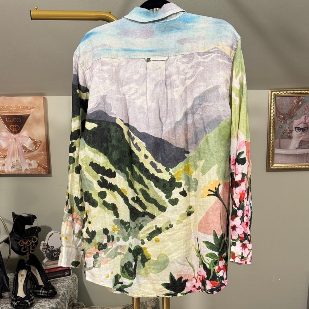 EUC Desmond & Dempsey Button-Down Landscape/Floral Print Oversized 100% Linen - Picture 3 of 9
